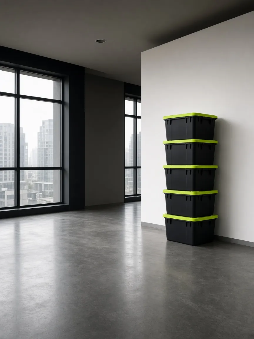A tidy column of black moving totes with lime lids stacked against a white wall in an empty apartment
