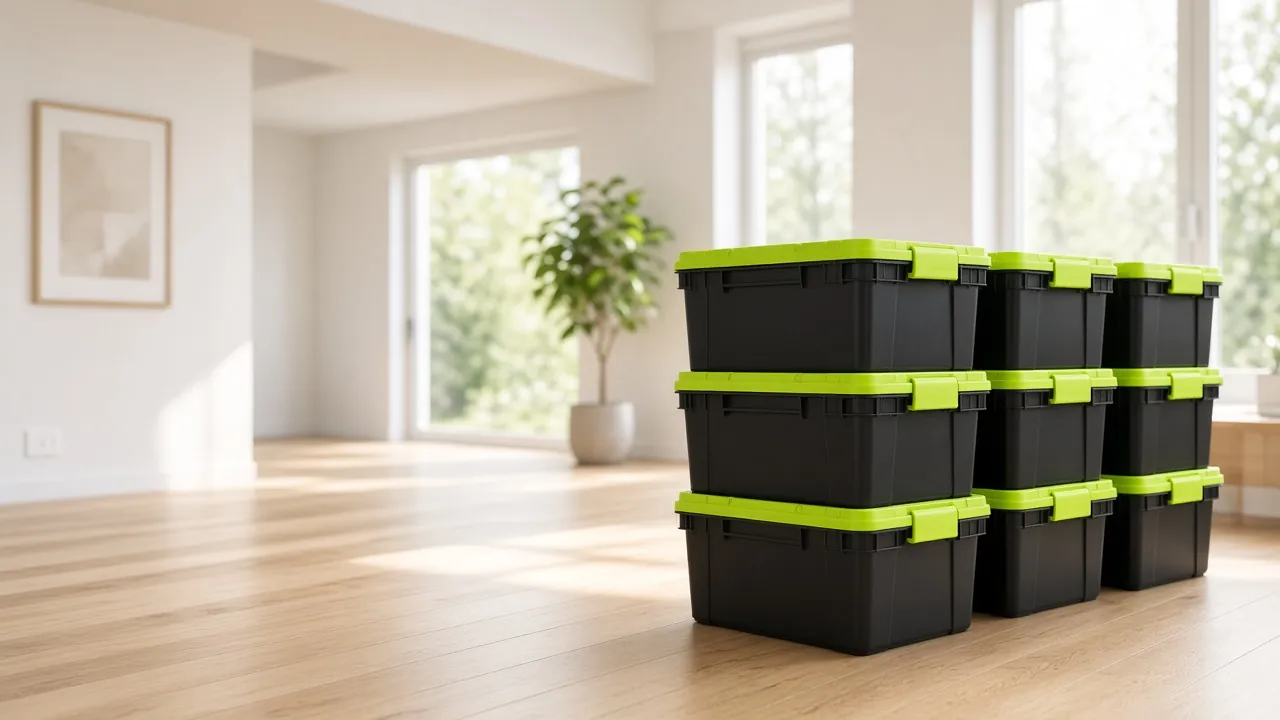 Stacks of black moving totes with lime lids in a bright, empty living room