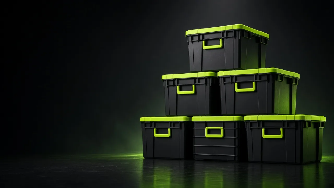 A stack of black moving totes with lime green lids and handles, lit against a dark background