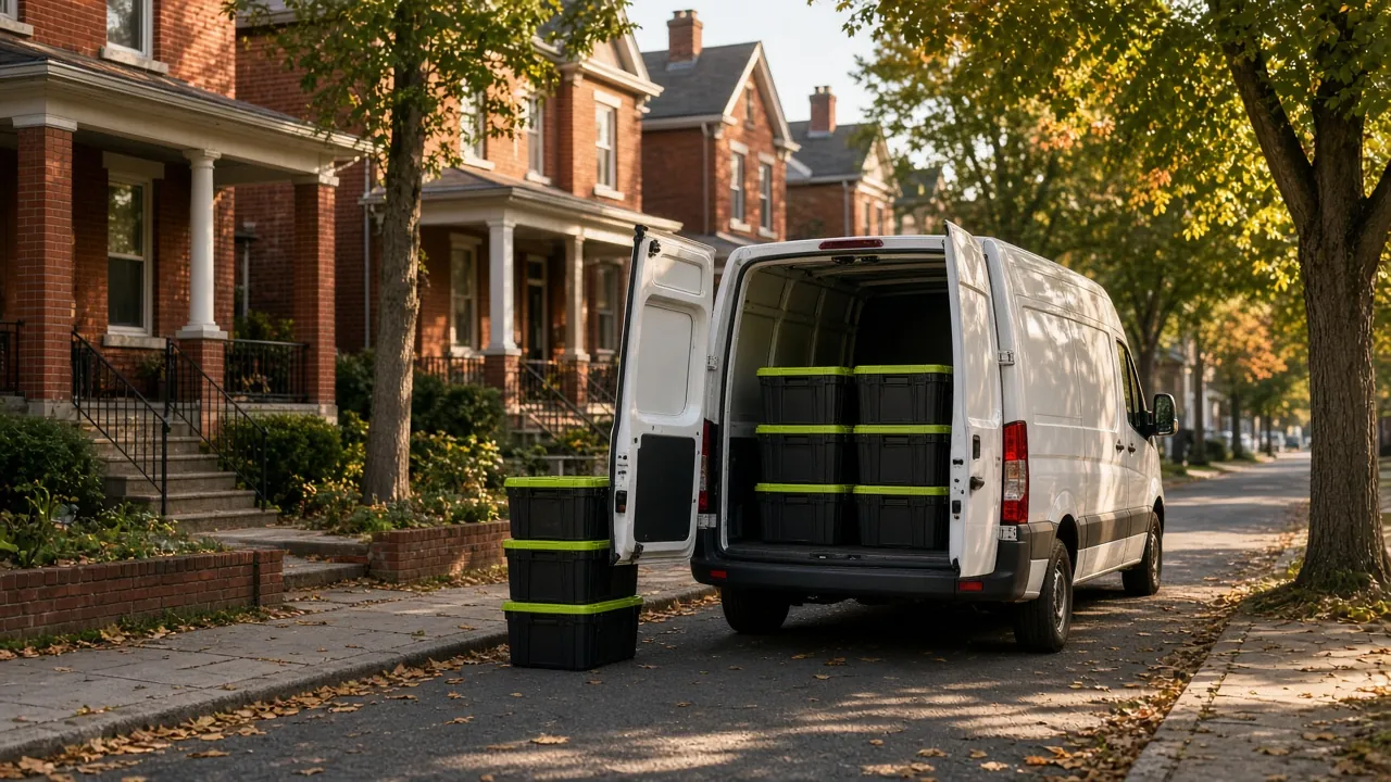 A delivery van with its rear doors open on a tree-lined street of brick houses, black moving totes with lime lids stacked inside and on the sidewalk